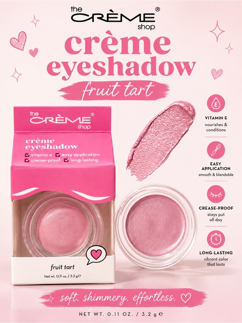 The Crème Shop Crème Eyeshadow in Fruit Tart Pink Shimmer 0.11 oz New in Box